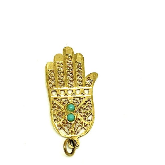 Hamsa Hand Protection Power Charm With Turquoise Stones 14K Yellow Gold … - Picture 2 of 9